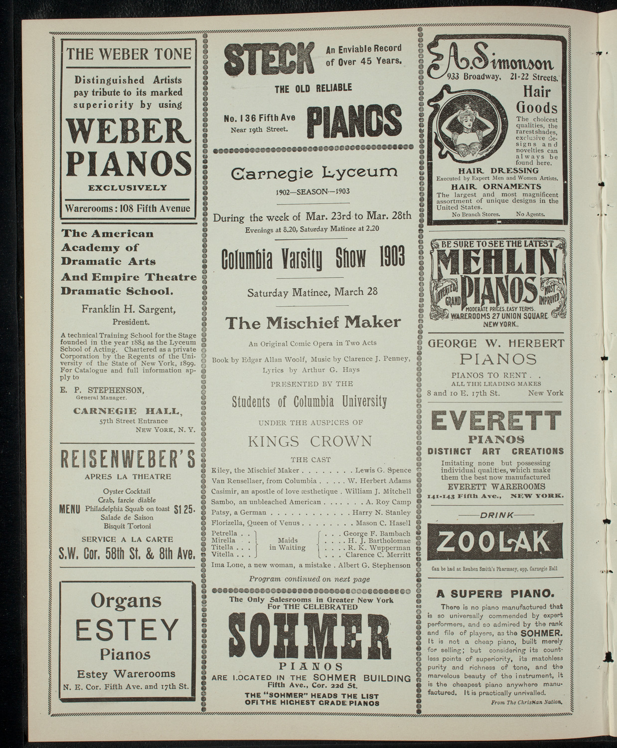 Columbia Varsity Show 1903, March 28, 1903, program page 2