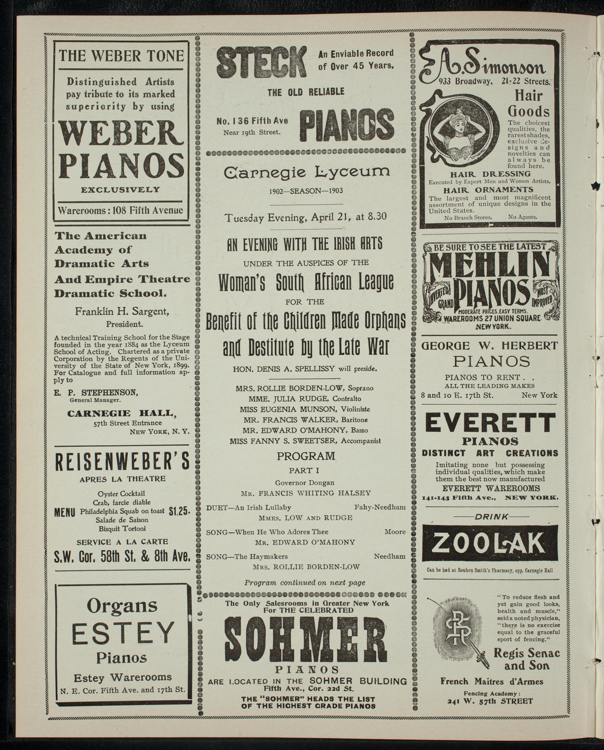 Evening with the Irish Arts, April 21, 1903, program page 2