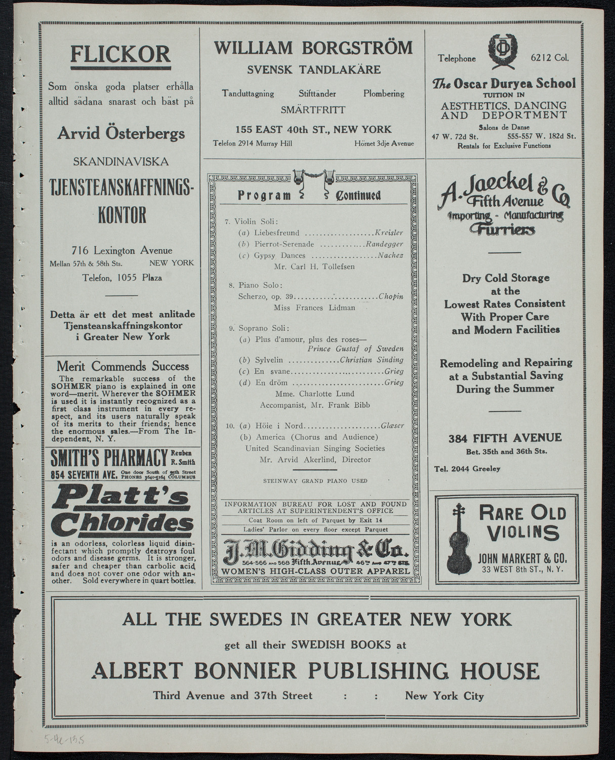 Scandinavian Singing Societies of New York and Vicinity, May 4, 1913, program page 9