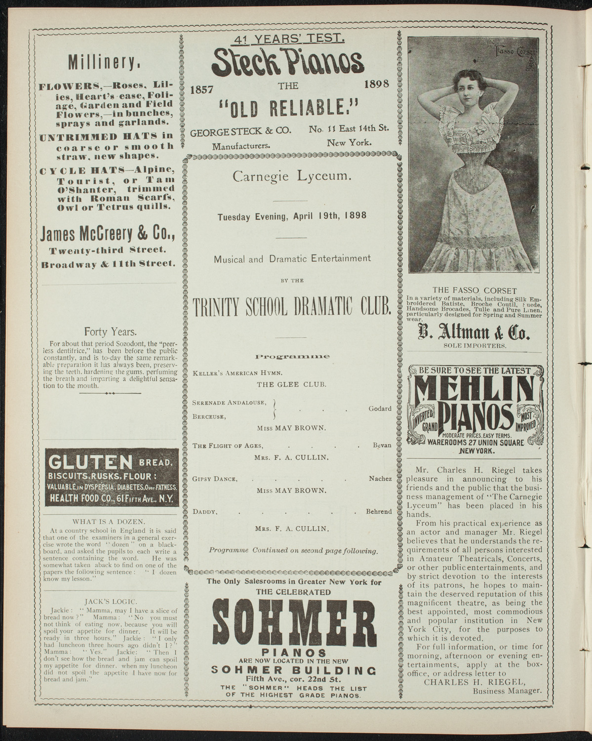 Trinity School Dramatic Club, April 19, 1898, program page 4