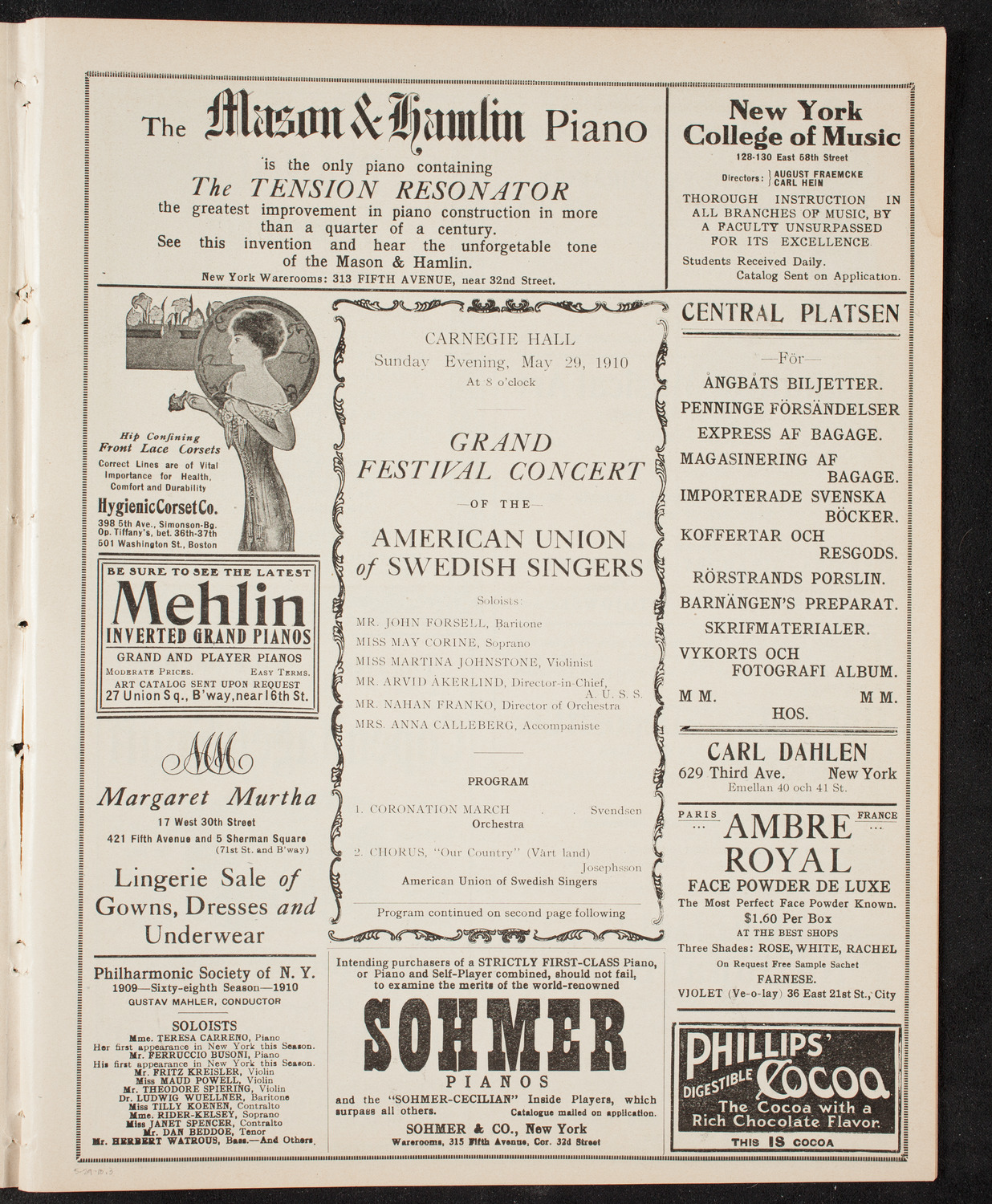 Grand Festival Concert of the American Union of Swedish Singers, May 29, 1910, program page 5