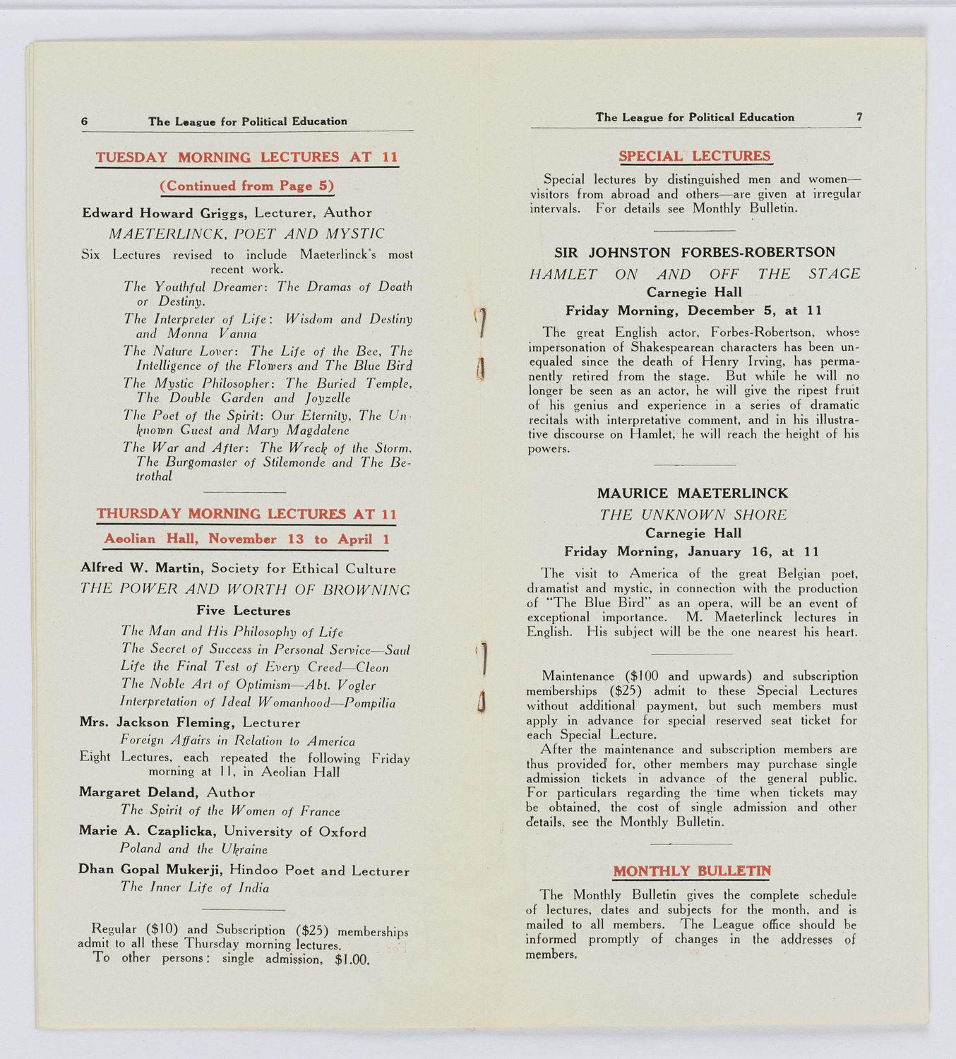 The League for Political Education, Program of Lectures, December 5, 1919