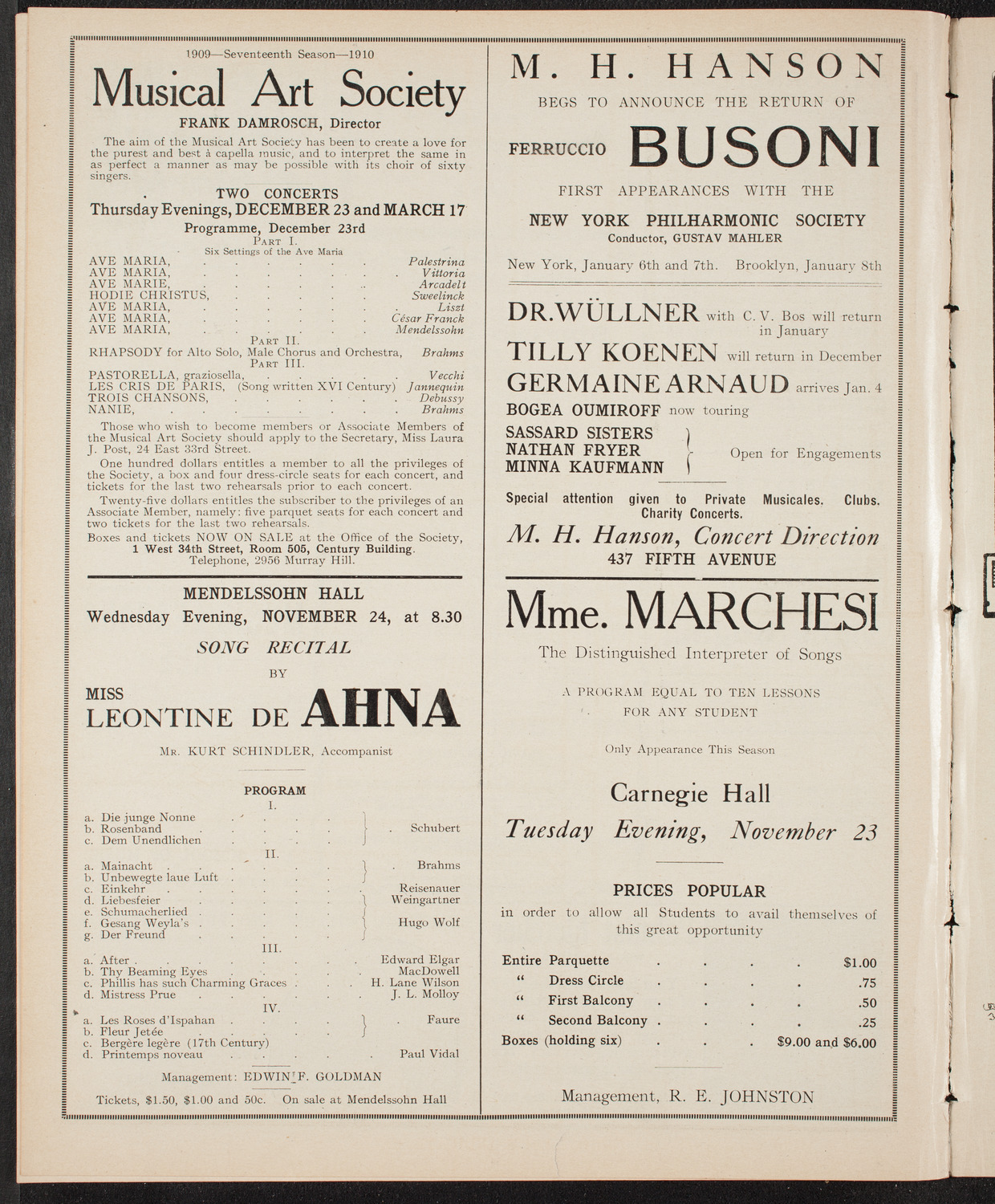 New York Philharmonic, November 19, 1909, program page 10