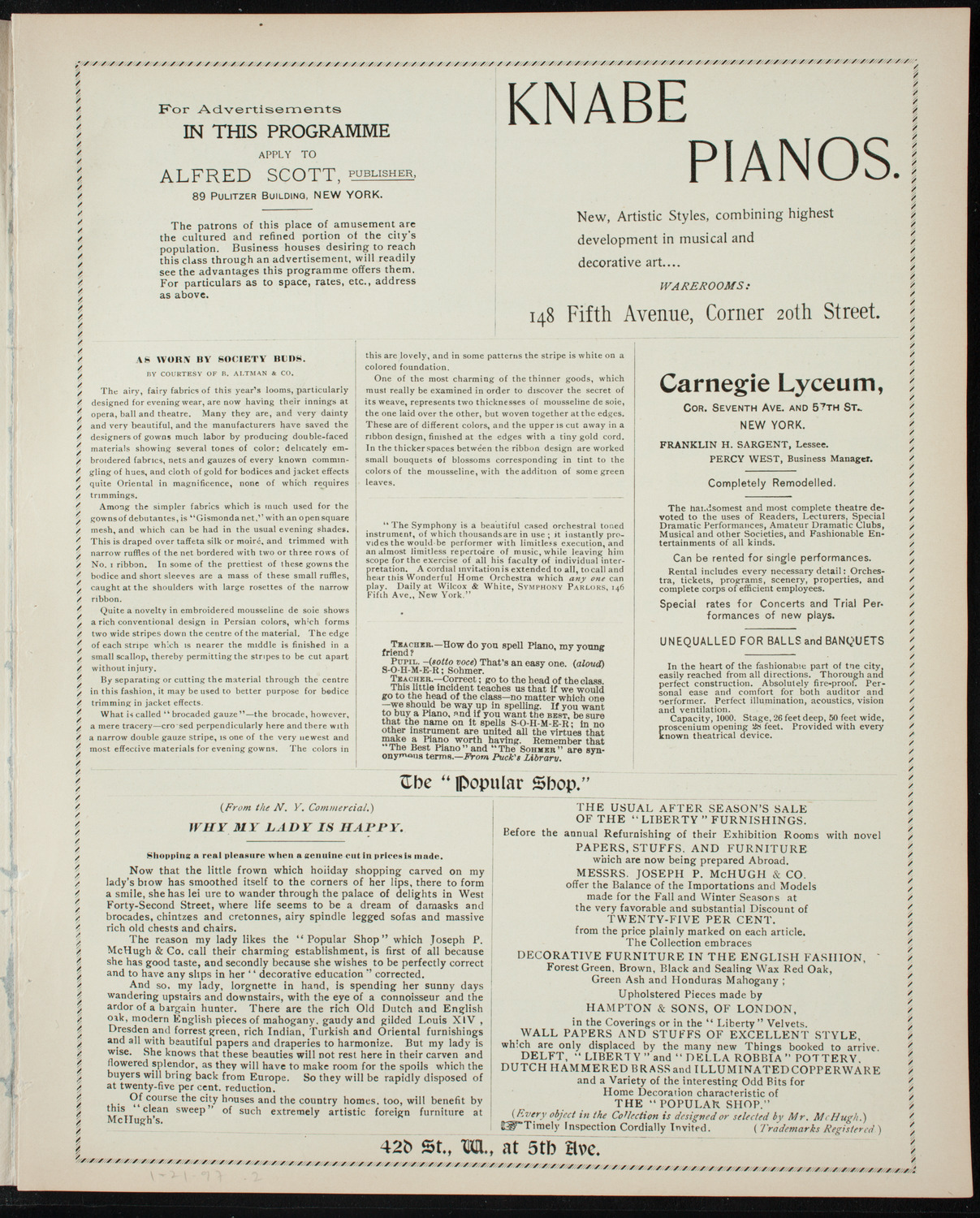 Teresa Carreño, Piano, January 21, 1897, program page 3