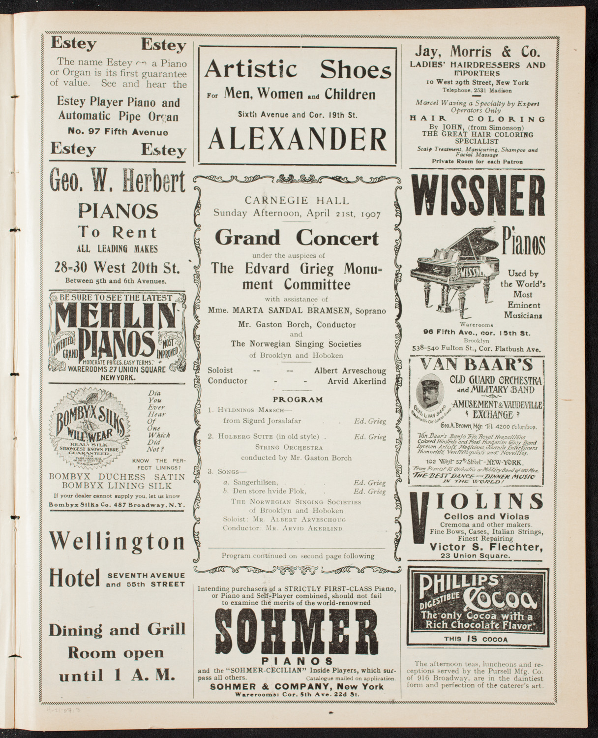 Benefit: Edvard Grieg Monument Committee, April 21, 1907, program page 5