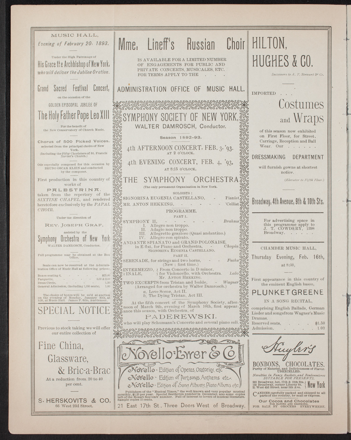 Damrosch Sunday Concert, January 22, 1893, program page 6