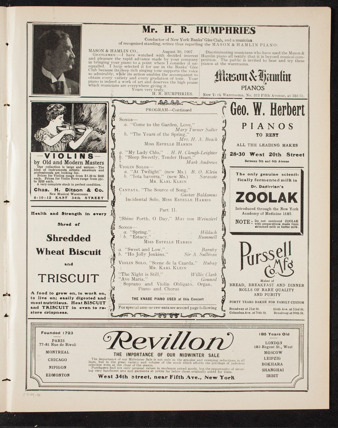 Philanthropic Society Concert, February 7, 1909, program page 7