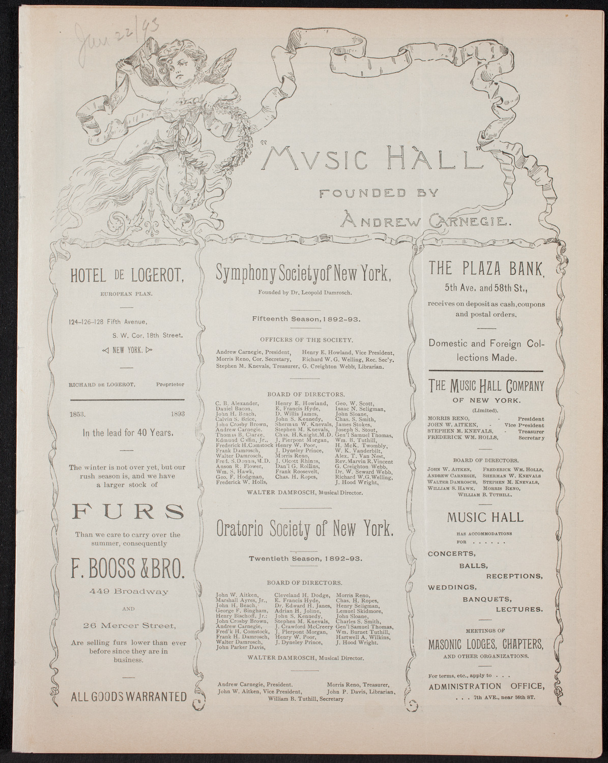 Damrosch Sunday Concert, January 22, 1893, program page 1