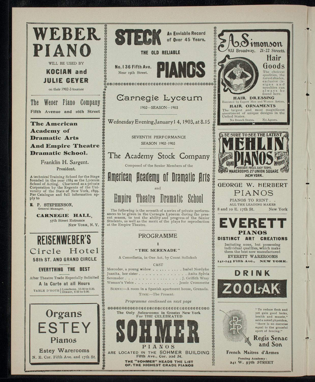 Academy Stock Company of the American Academy of Dramatic Arts/Empire Theatre Dramatic School, January 14, 1903, program page 2