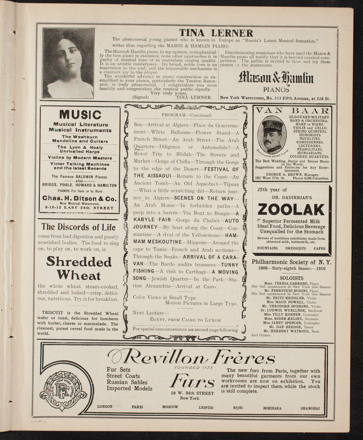 Elmendorf Lecture: At the Gates of the East, November 15, 1909, program page 7