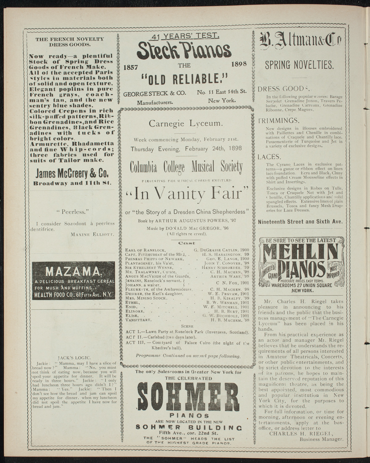 Columbia College Musical Society, February 24, 1898, program page 4