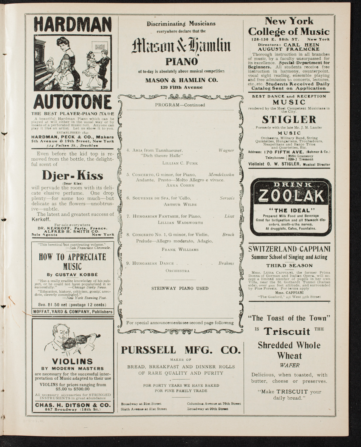 New York College of Music, February 3, 1907, program page 7