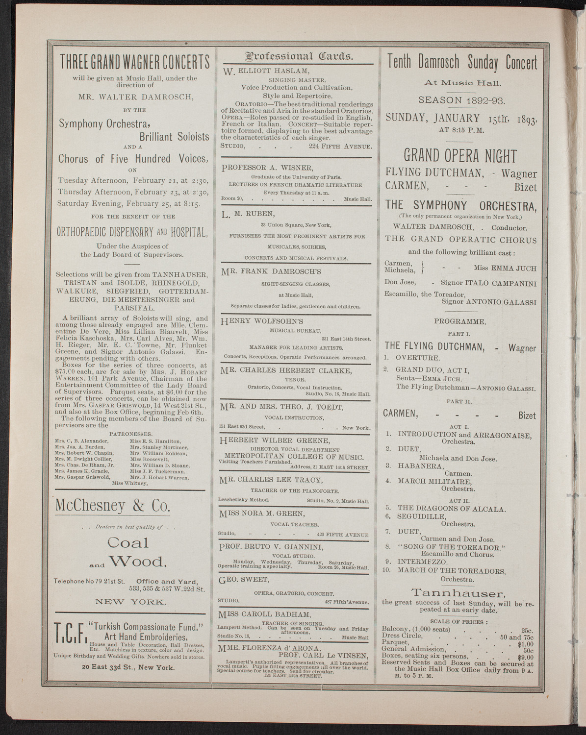 New York Philharmonic, January 13, 1893, program page 2