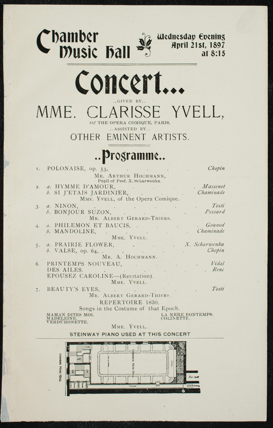 Clarisse Yvell, April 21, 1897, program page 1