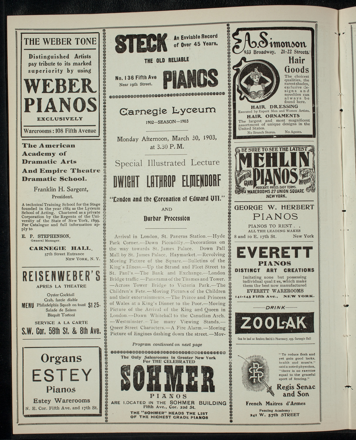 Elmendorf Lecture: London and the Coronation of Edward VII, March 30, 1903, program page 2