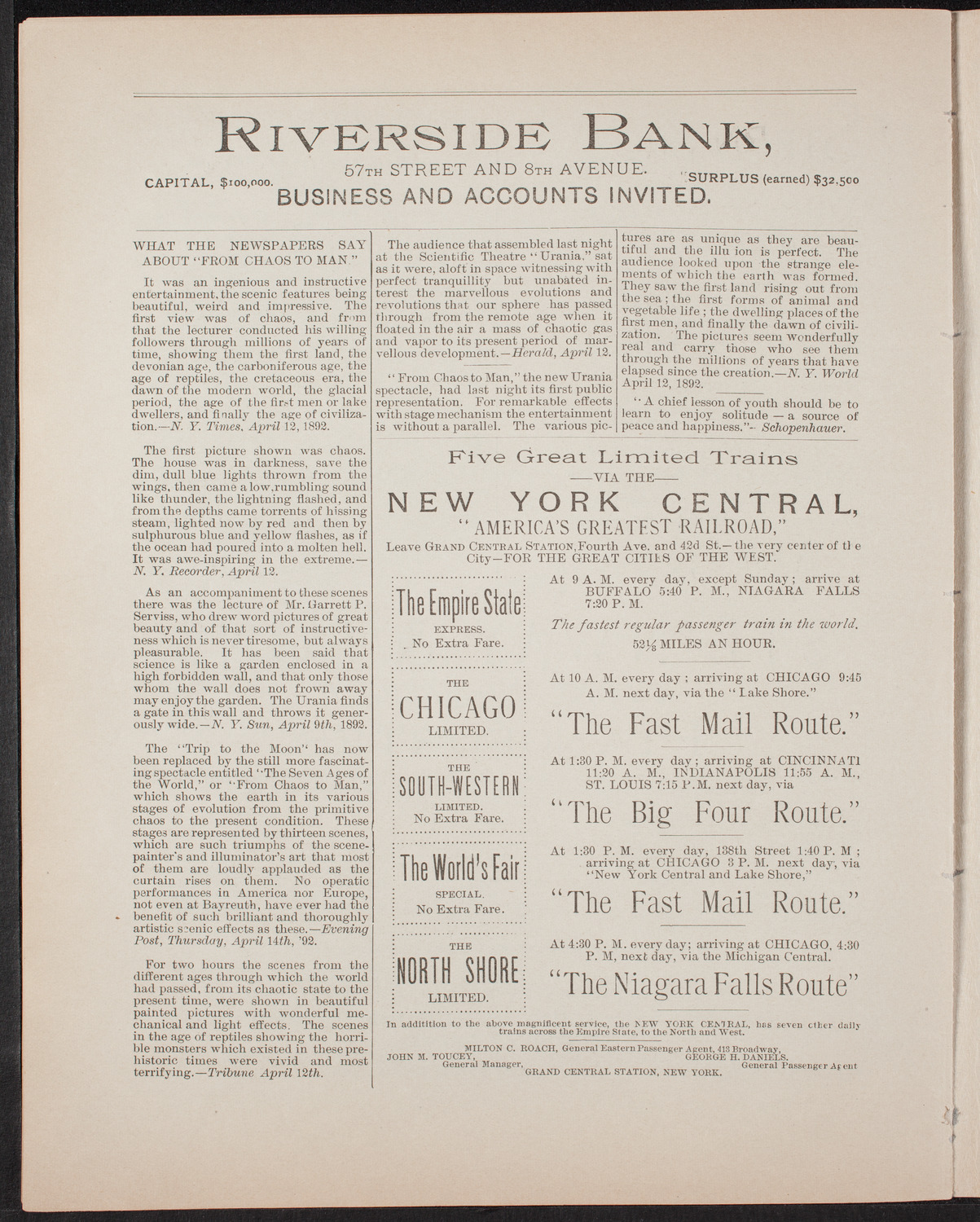 Urania Scientific Theatre, April 25, 1892, program page 8