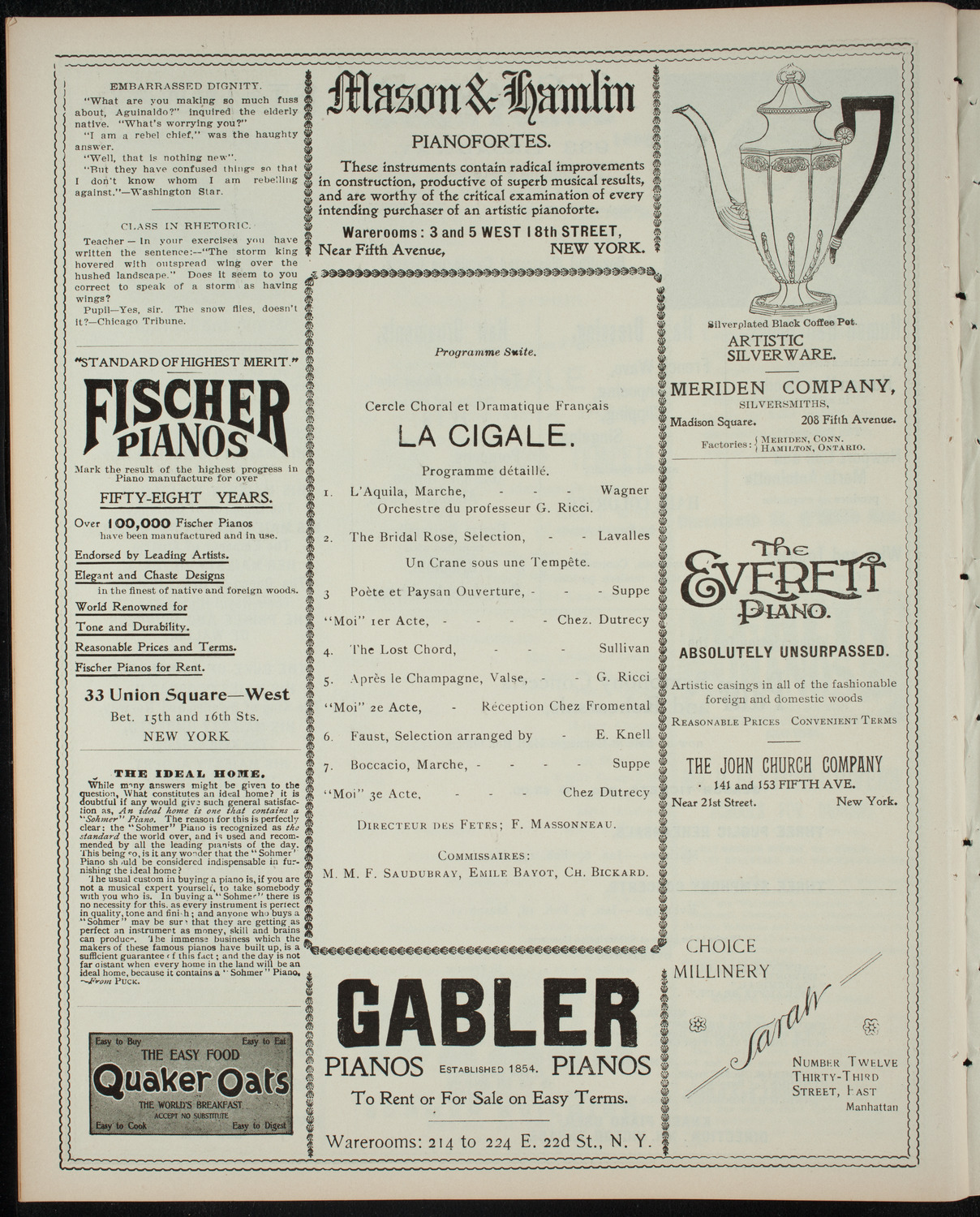 Cercle Choral et Dramatique Francais "La Cigale", December 10, 1898, program page 6