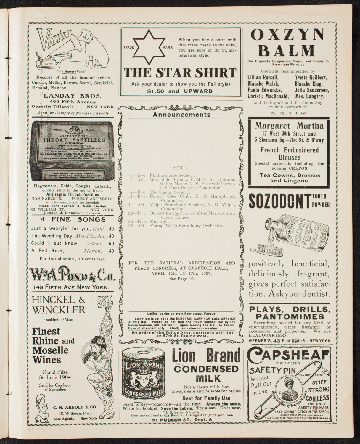 New York Philharmonic, April 5, 1907, program page 3