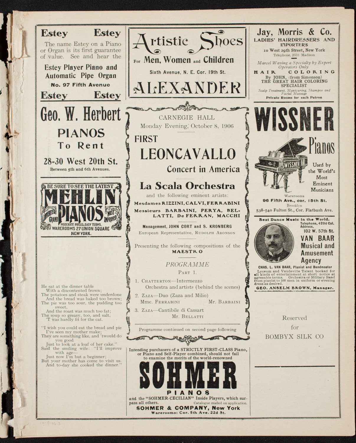 Ruggero Leoncavallo and La Scala Orchestra, October 8, 1906, program page 5