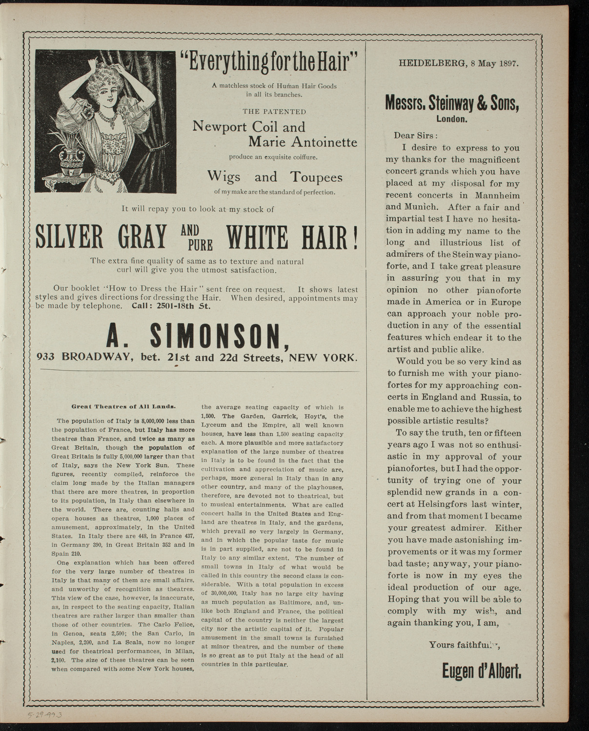 Ibsen's "Ghosts", May 29, 1899, program page 5