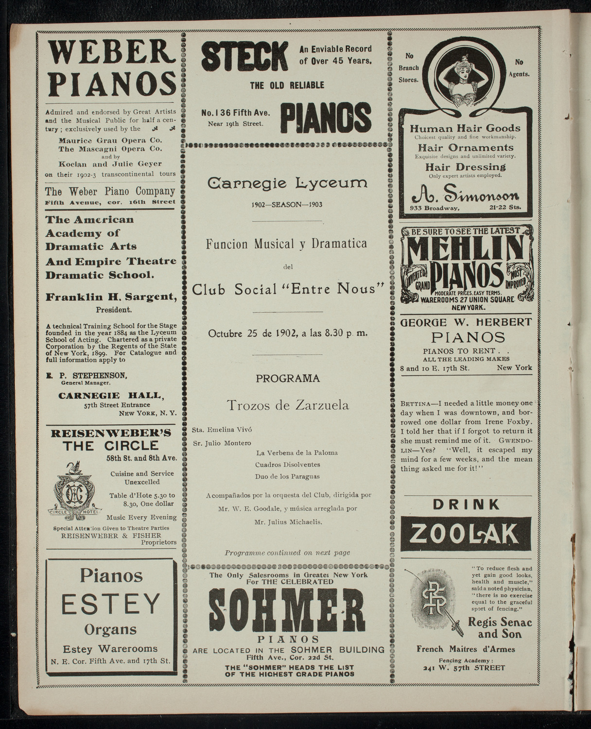Club Social "Entre Nous" Musical and Dramatic Program, October 25, 1902, program page 2
