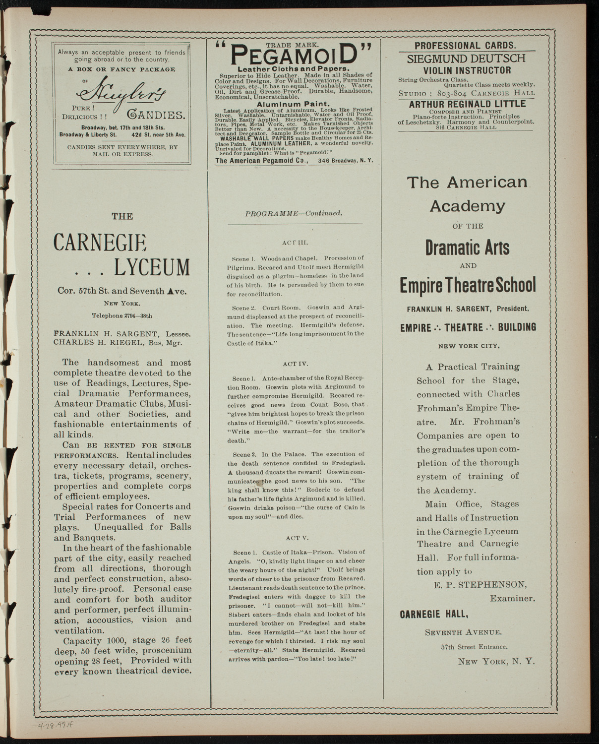 De La Salle Institute Student Drama Presentation, April 28, 1899, program page 7