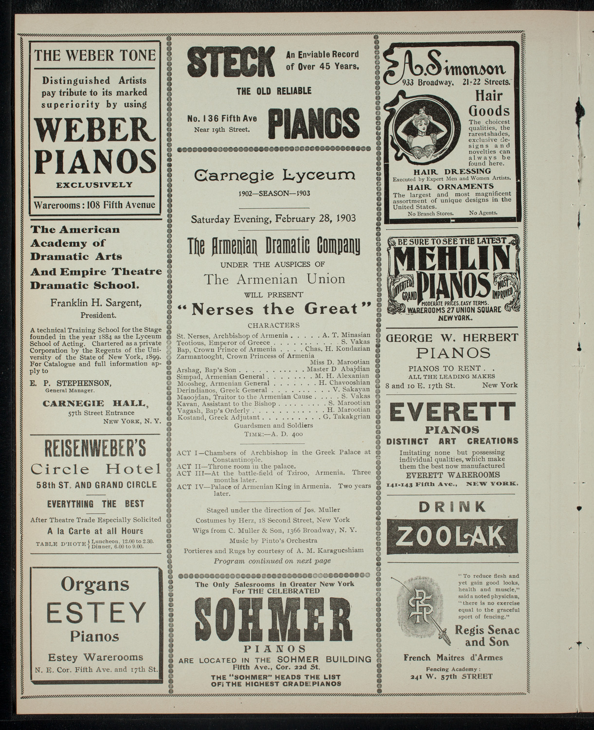 Armenian Dramatic Company of New York, February 28, 1903, program page 2