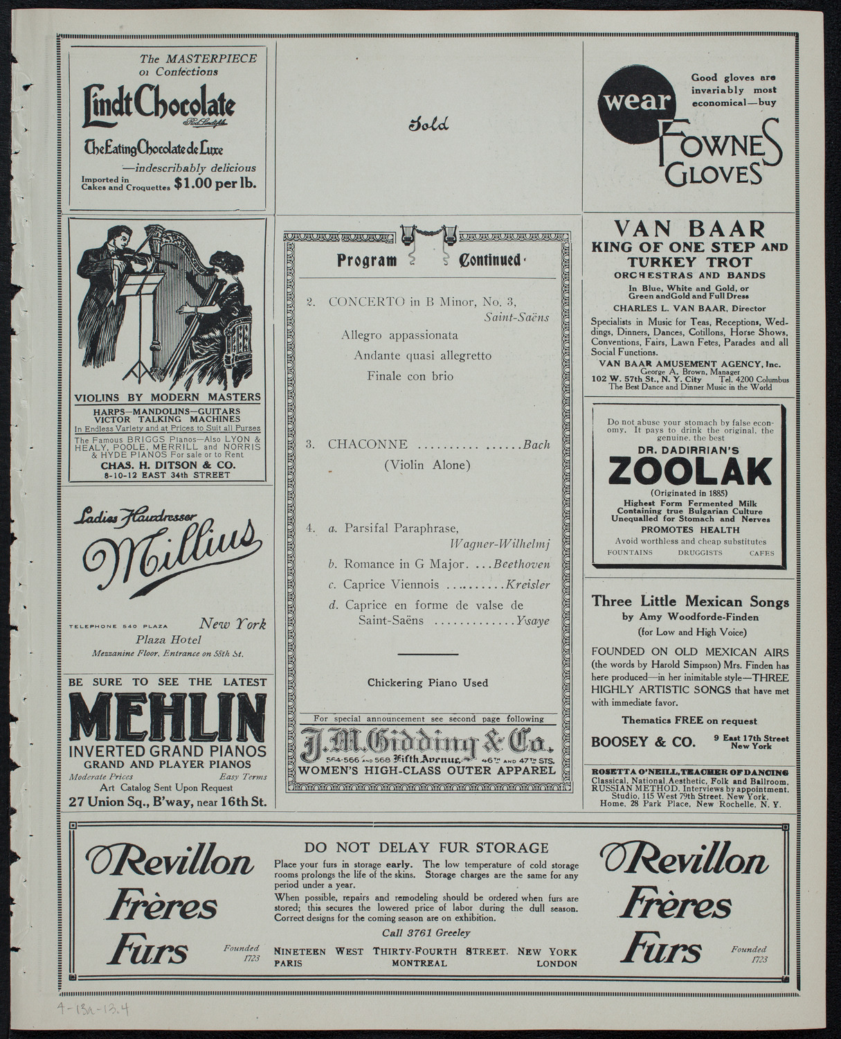 Eugène Ysaÿe, Violin, April 13, 1913, program page 7