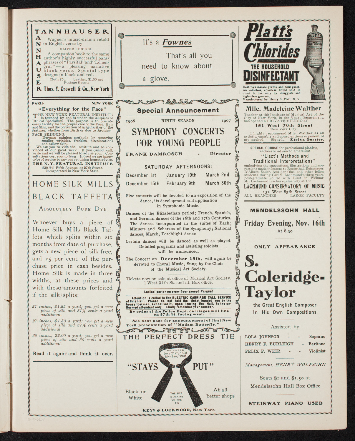 Edna Richolson with New York Symphony Orchestra, November 9, 1906, program page 9
