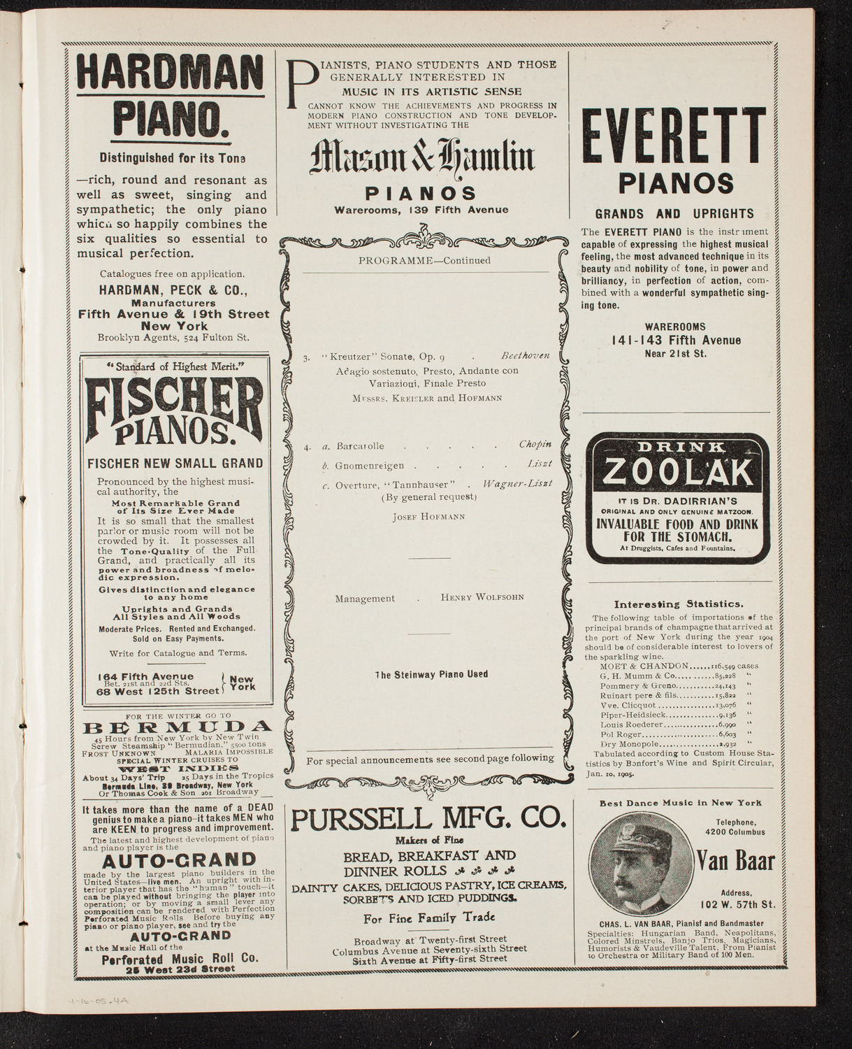 Josef Hofmann, Piano, and Fritz Kreisler, Violin, April 16, 1905, program page 7