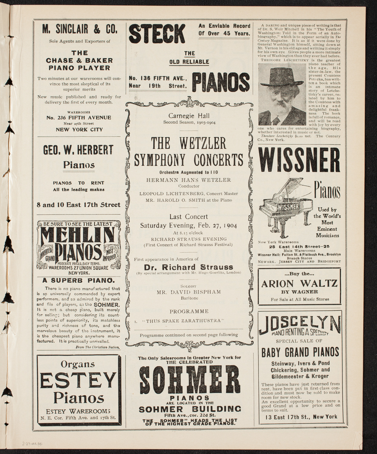 Richard Strauss with Wetzler Symphony Orchestra, February 27, 1904, program page 5