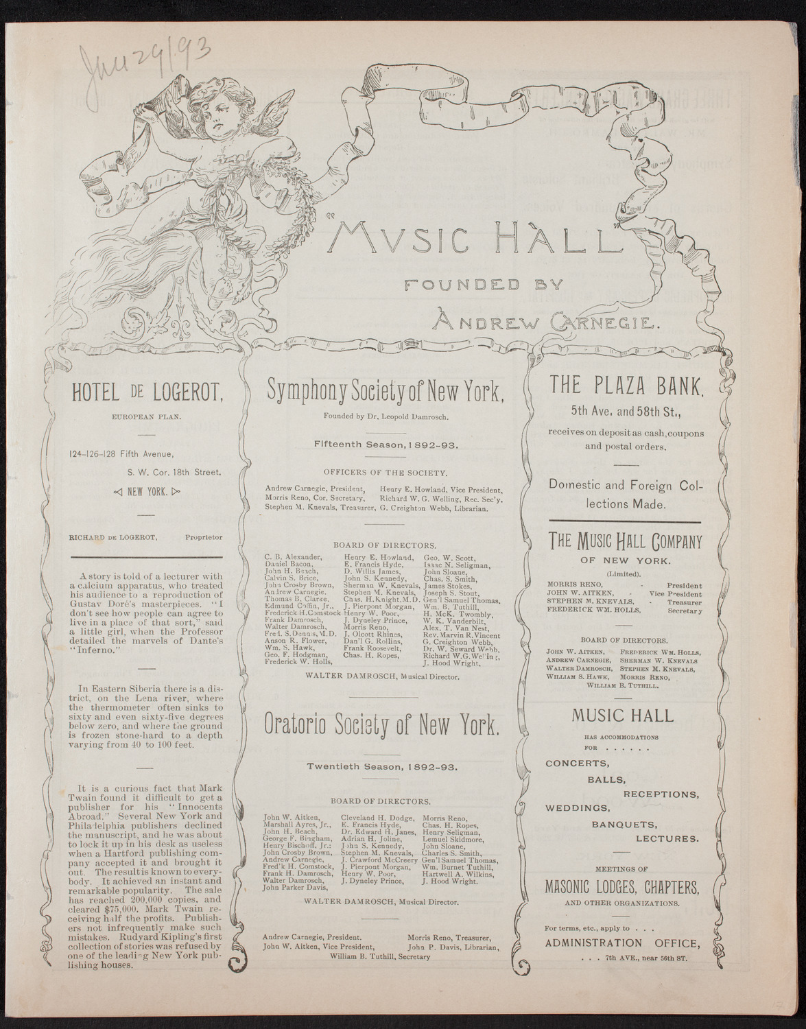 Damrosch Sunday Concert, January 29, 1893, program page 1