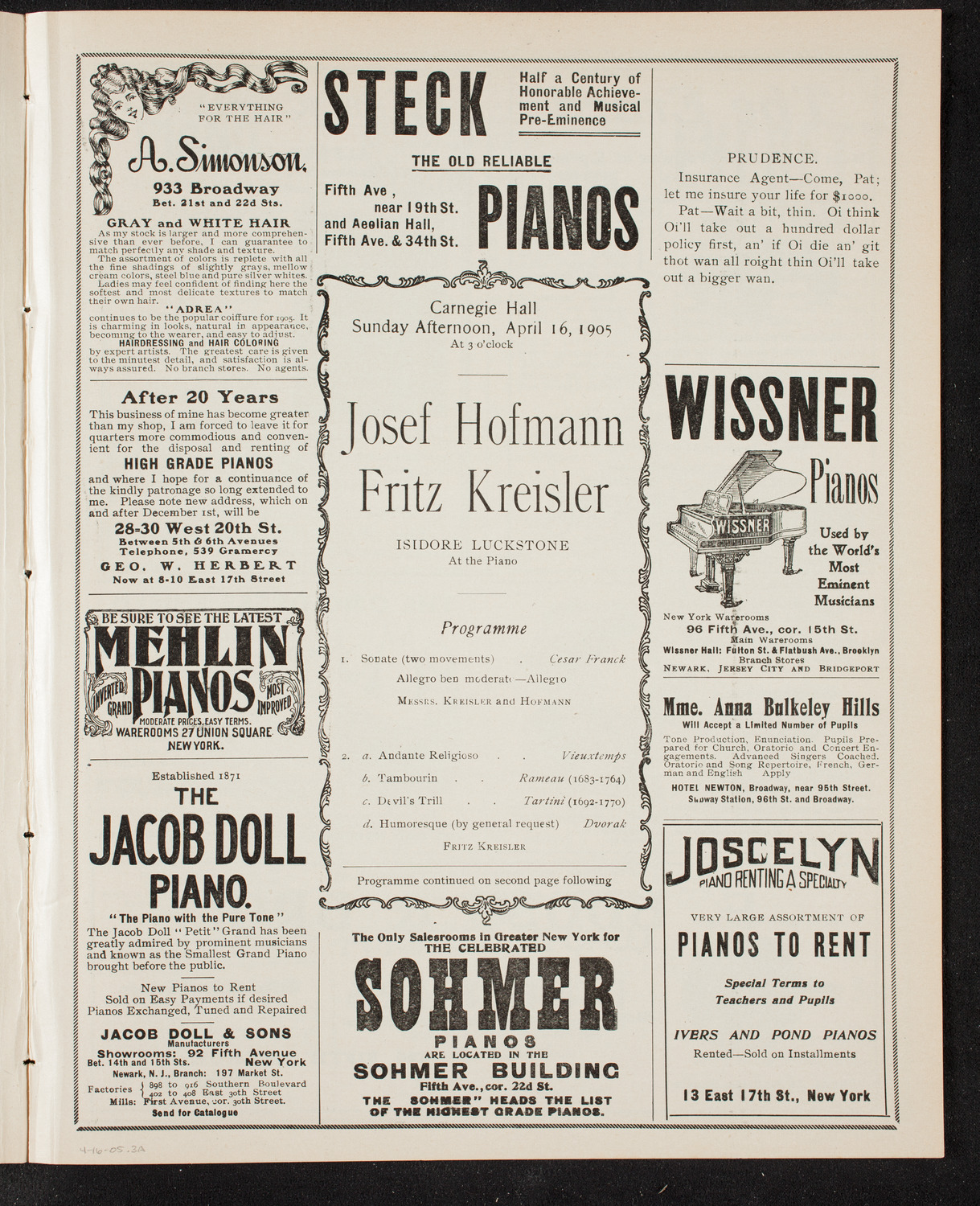 Josef Hofmann, Piano, and Fritz Kreisler, Violin, April 16, 1905, program page 5