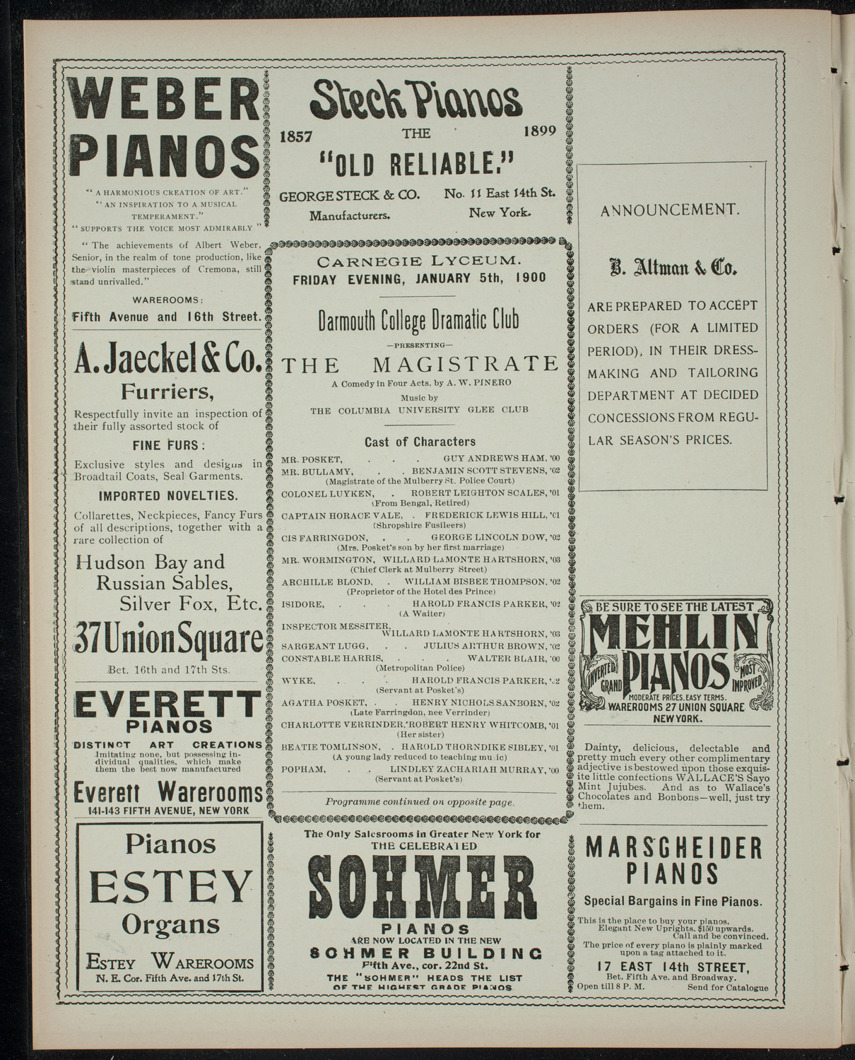 Darmouth College Dramatic Club, January 5, 1900, program page 2