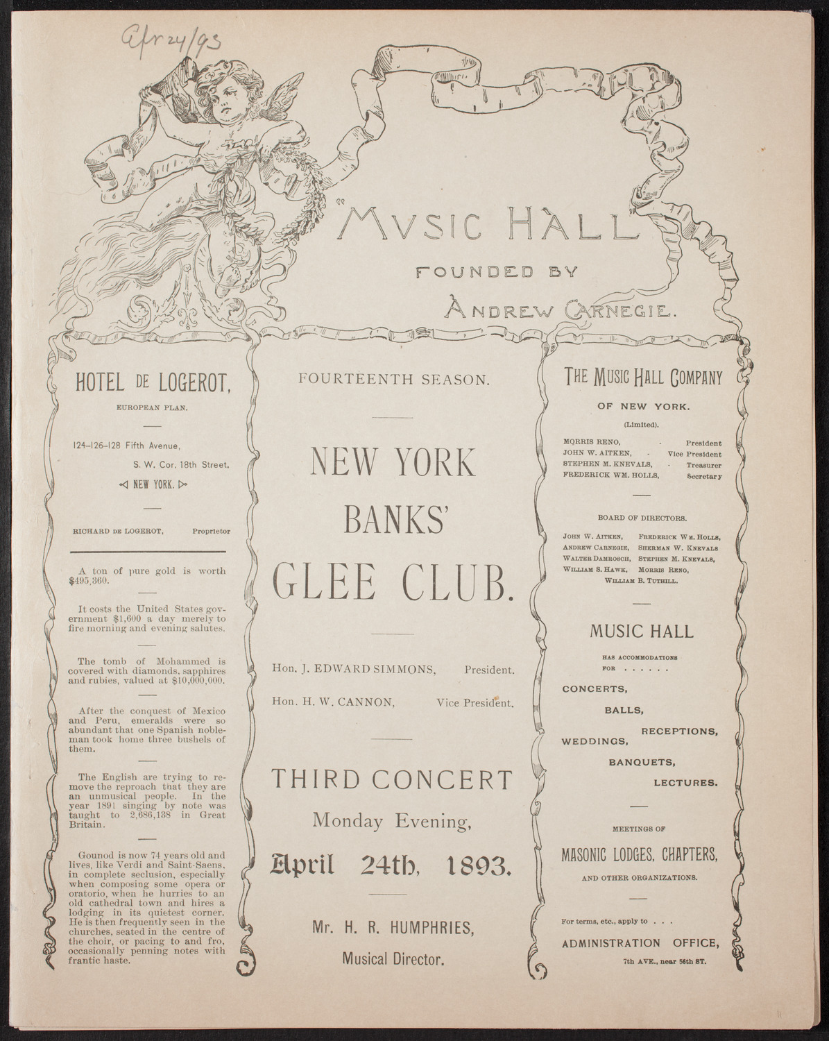 New York Banks' Glee Club, April 24, 1893, program page 1