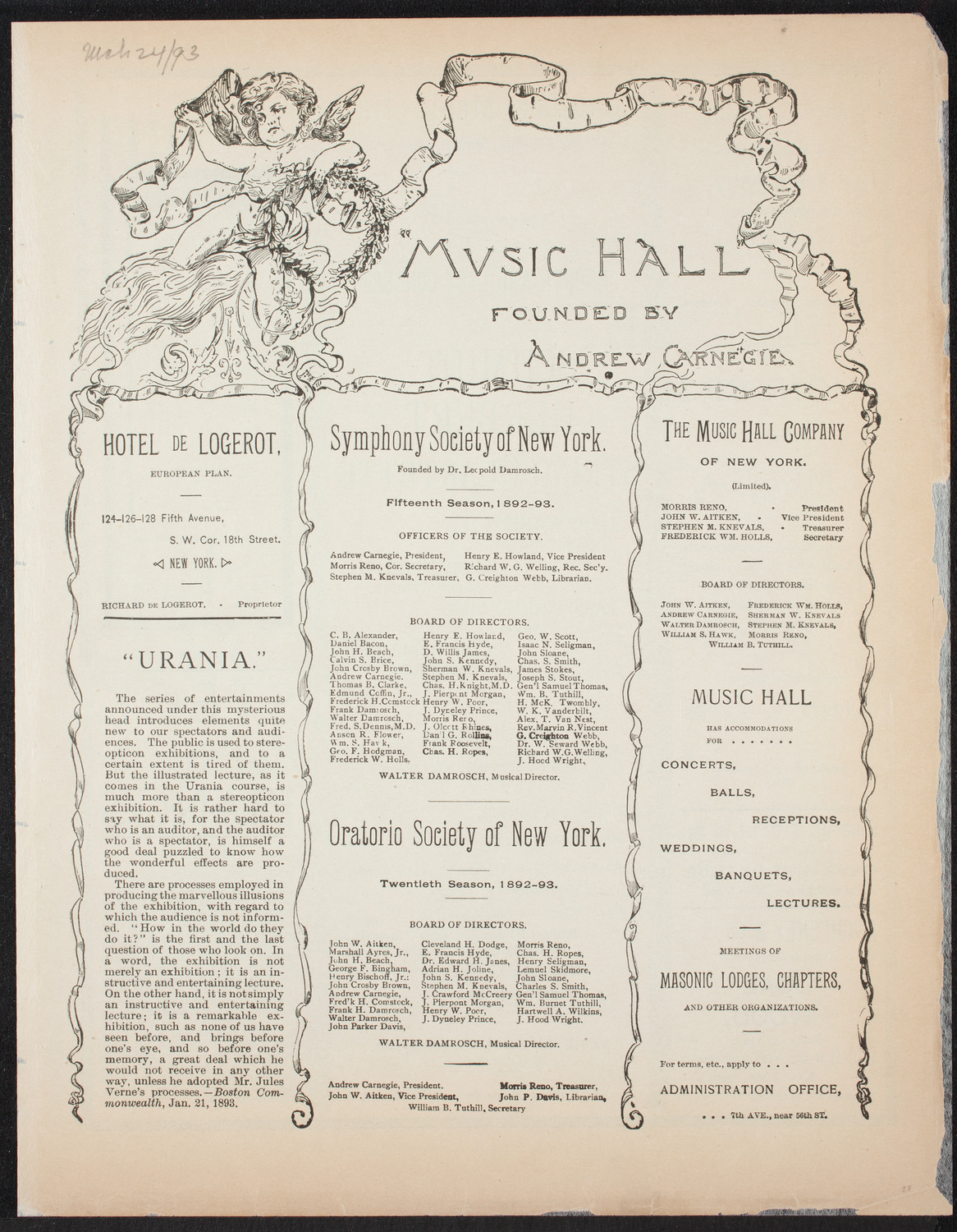 Schmidt-Herbert String Quartet, March 24, 1893, program page 1