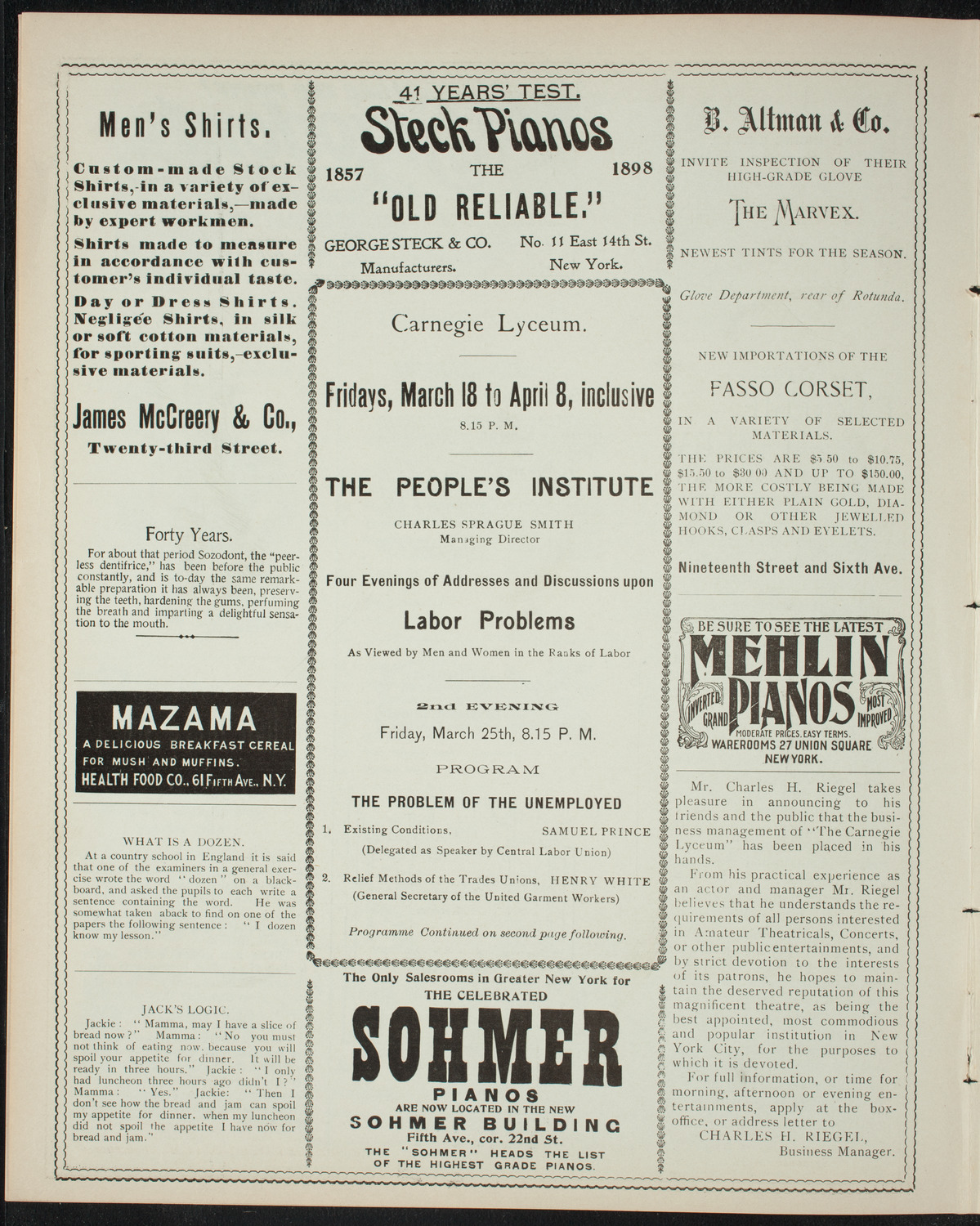 The People's Institute/ Lecture: Labor Problems, March 25, 1898, program page 4
