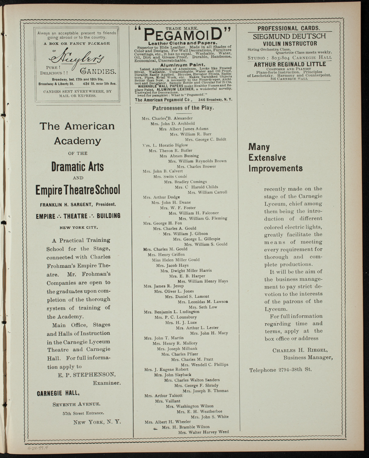 Vassar College Dramatic Performance, April 24, 1899, program page 7