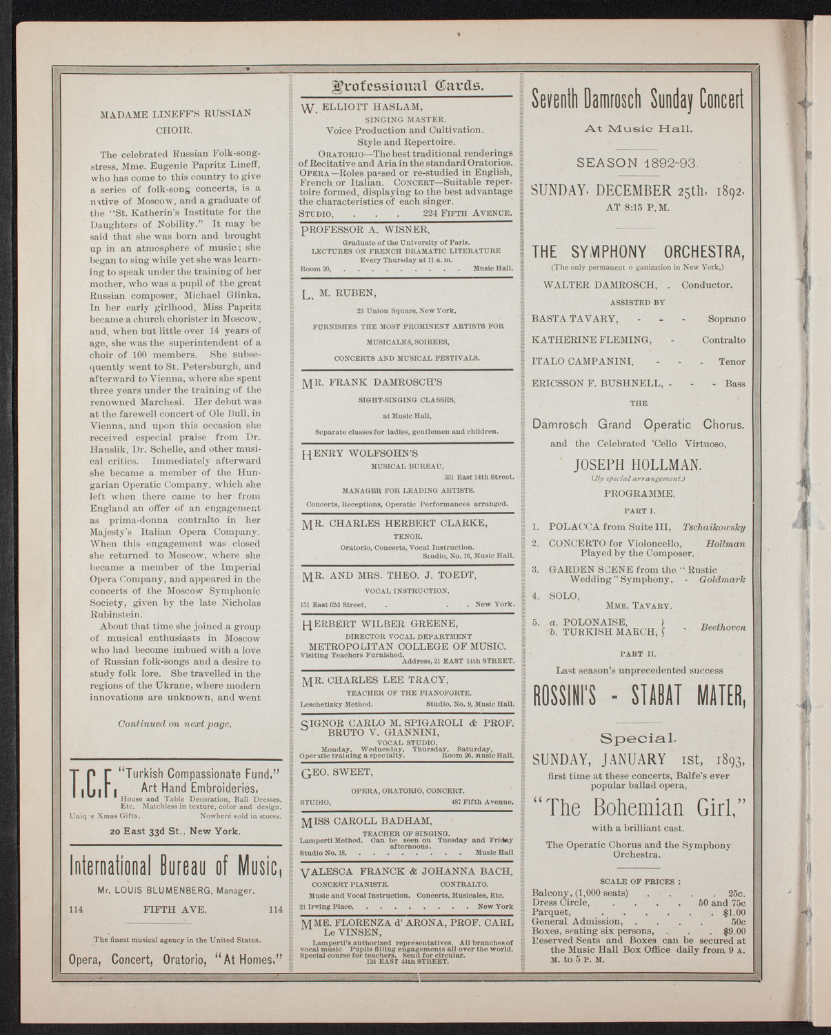 Madame Lineff's Russian Choir, December 21, 1892, program page 2