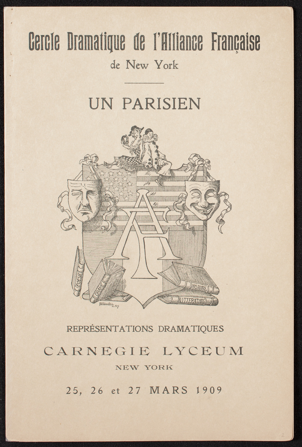 Cercle Dramatique de l'Alliance Française de New York, March 26, 1909, program page 1