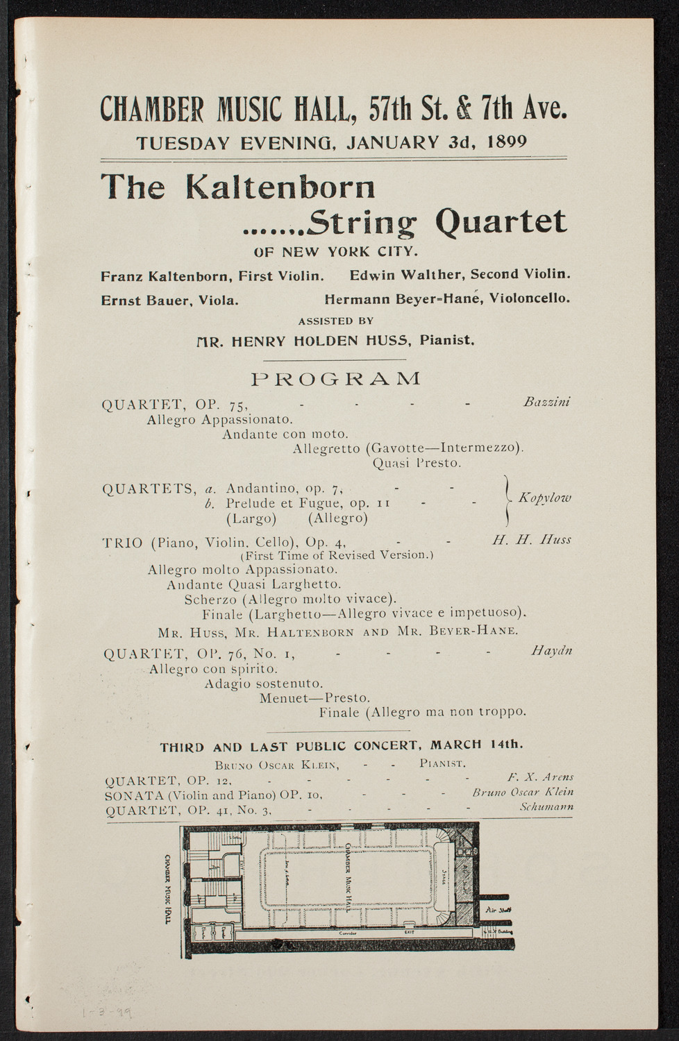 Kaltenborn String Quartet, January 3, 1899, program page 1