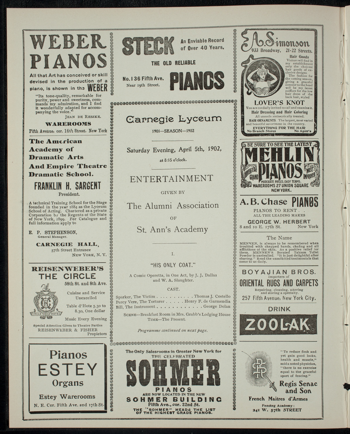 Entertainment Given By the Alumni Association of St. Ann's Academy, April 5, 1902, program page 2