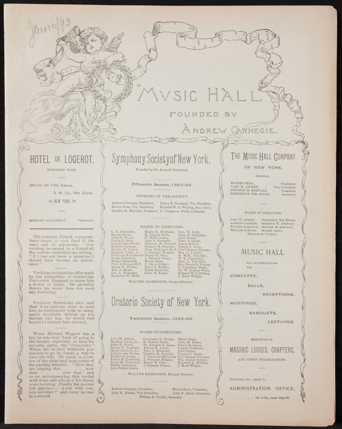 Metropolitan Musical Society, January 10, 1893, program page 1