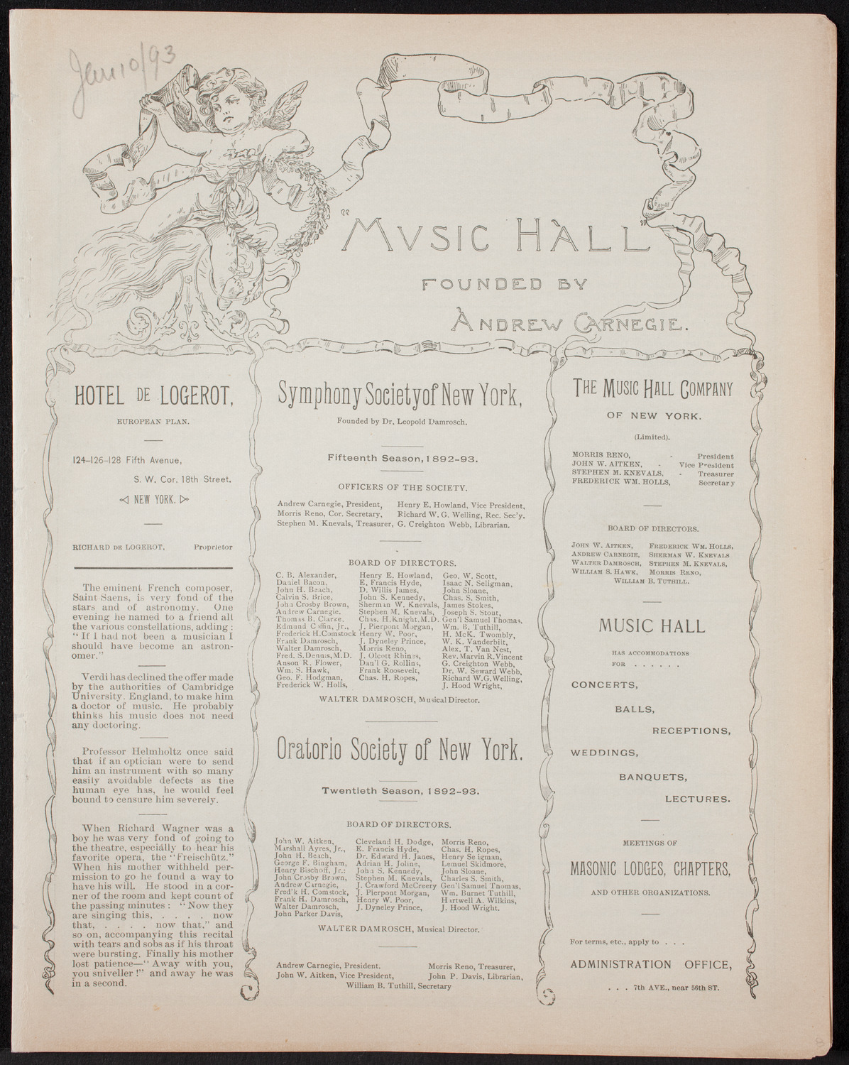Metropolitan Musical Society, January 10, 1893, program page 1