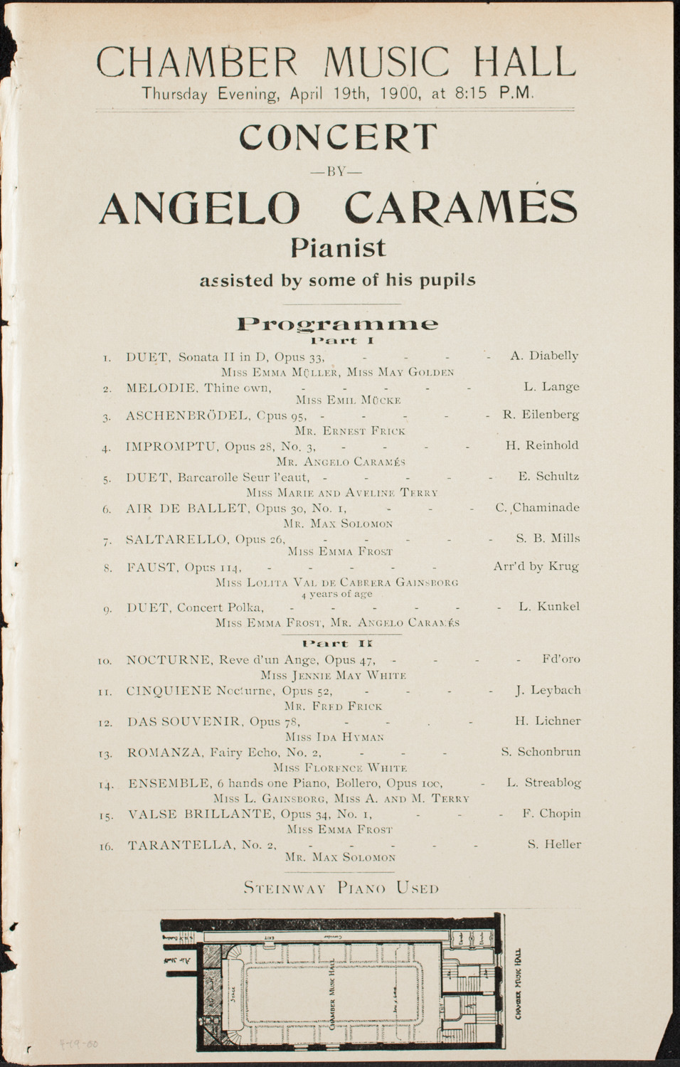 Angelo Carames and Students, April 19, 1900, program page 1