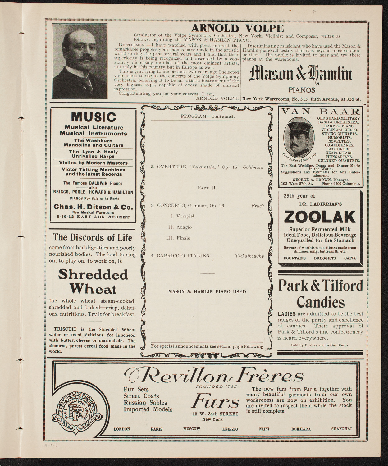 Volpe Symphony Society of New York, January 9, 1910, program page 7