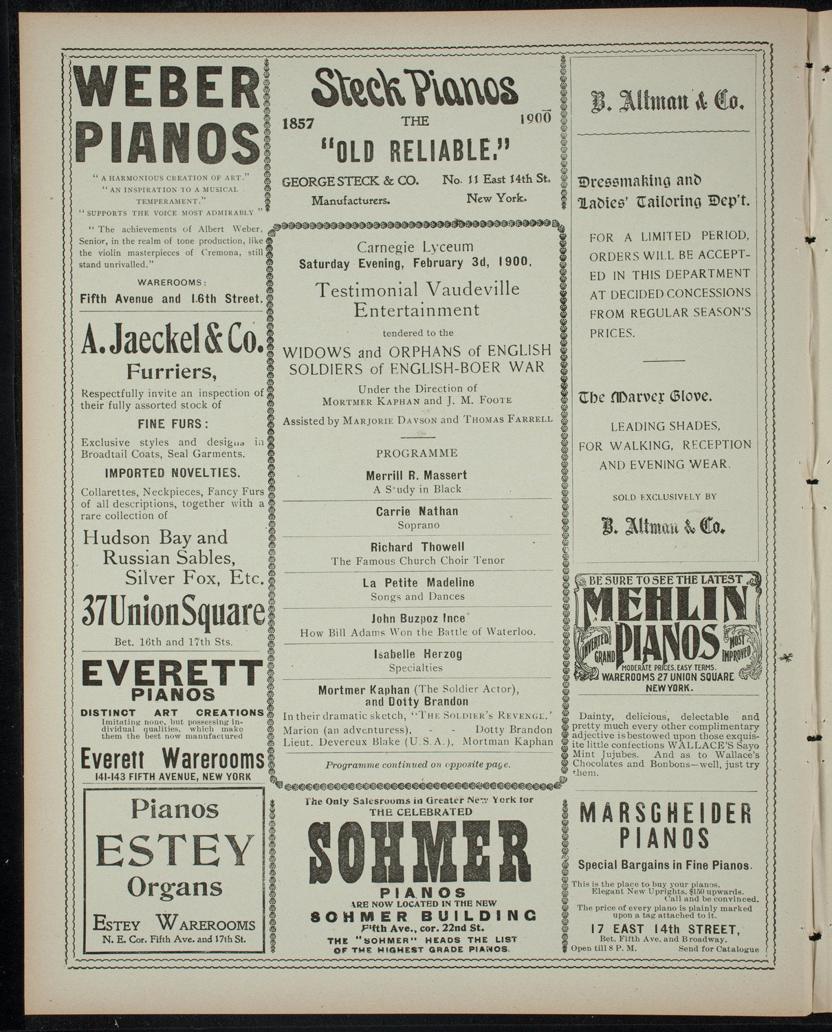 Benefit Vaudeville Entertainment for Widows and Orphans of English Soldiers of English-Boer War, February 3, 1900, program page 2