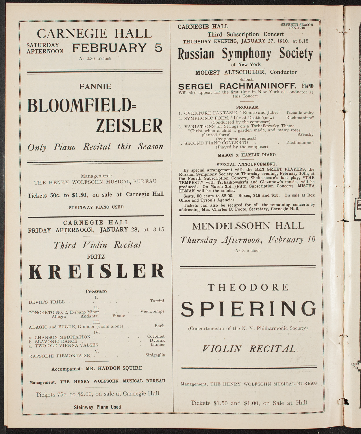 New York Philharmonic, January 21, 1910, program page 10
