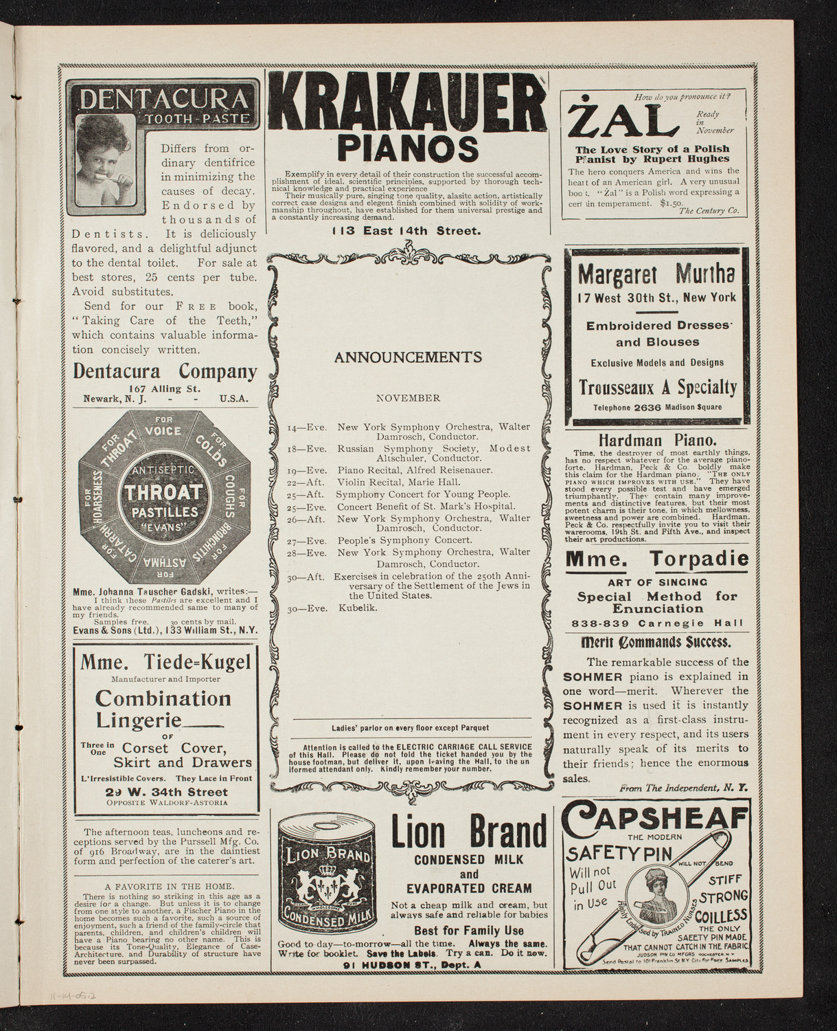 Marcella Sembrich, Soprano, November 14, 1905, program page 3