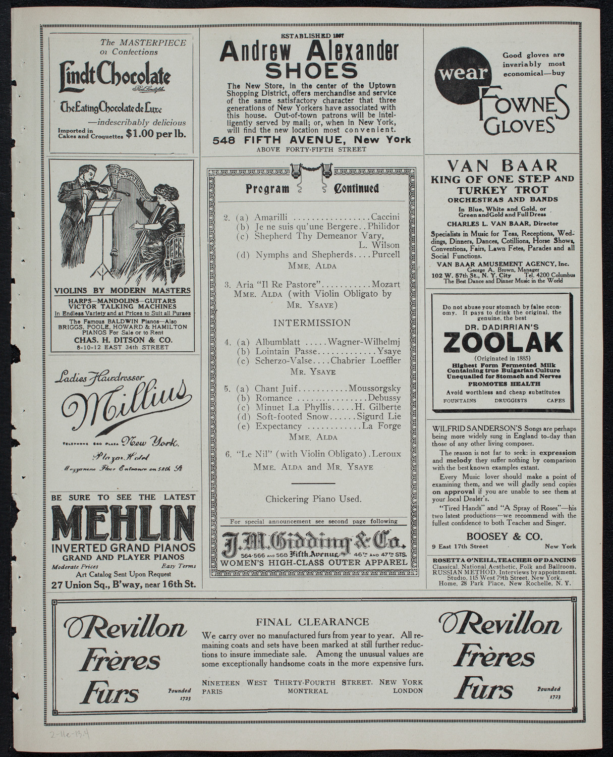 Frances Alda, Soprano, and Eugène Ysaÿe, Violin, February 11, 1913, program page 7